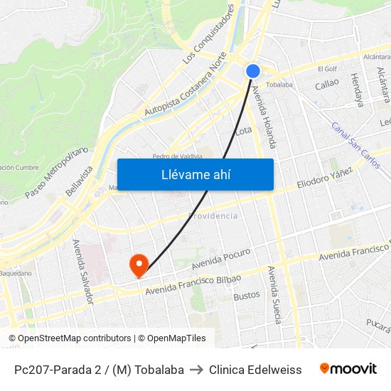 Pc207-Parada 2 / (M) Tobalaba to Clinica Edelweiss map