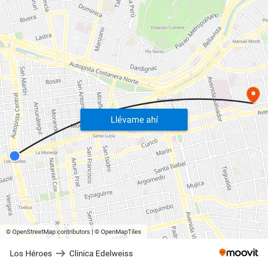 Los Héroes to Clinica Edelweiss map