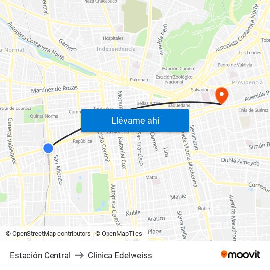 Estación Central to Clinica Edelweiss map