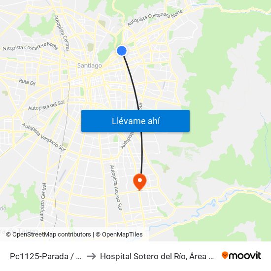 Pc1125-Parada / Costanera Center to Hospital Sotero del Río, Área de Ginecología y Oncología. map