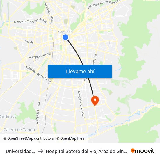 Universidad De Chile to Hospital Sotero del Río, Área de Ginecología y Oncología. map