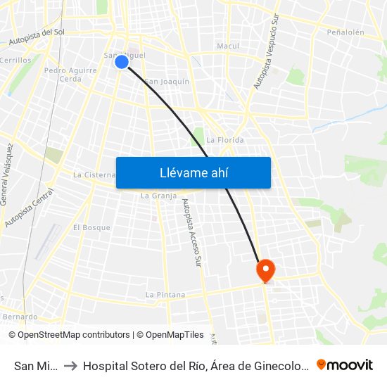 San Miguel to Hospital Sotero del Río, Área de Ginecología y Oncología. map