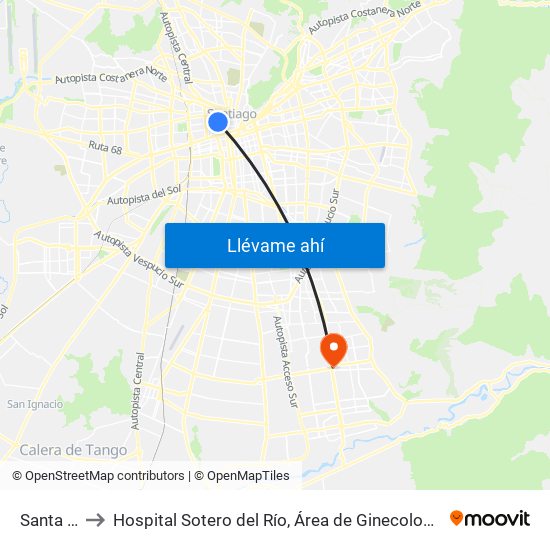 Santa Ana to Hospital Sotero del Río, Área de Ginecología y Oncología. map