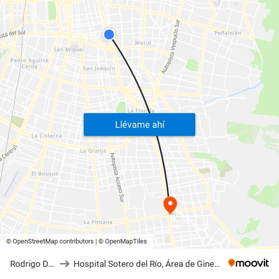Rodrigo De Araya to Hospital Sotero del Río, Área de Ginecología y Oncología. map