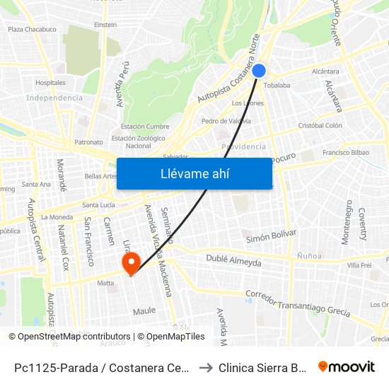 Pc1125-Parada / Costanera Center to Clinica Sierra Bella map