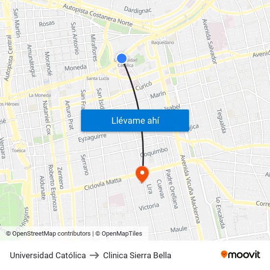 Universidad Católica to Clinica Sierra Bella map