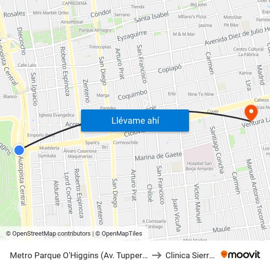 Metro Parque O'Higgins (Av. Tupper Esq. Av. Viel) to Clinica Sierra Bella map