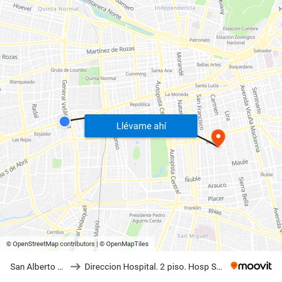 San Alberto Hurtado to Direccion Hospital. 2 piso. Hosp San Borja Arriaran. map