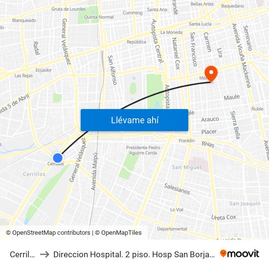Cerrillos to Direccion Hospital. 2 piso. Hosp San Borja Arriaran. map