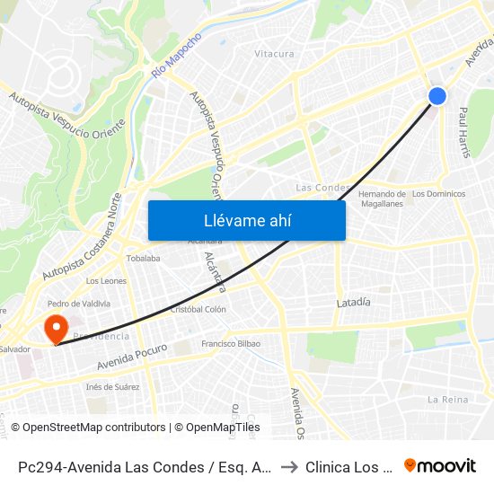 Pc294-Avenida Las Condes / Esq. Av. Padre H. Central to Clinica Los Coihues map