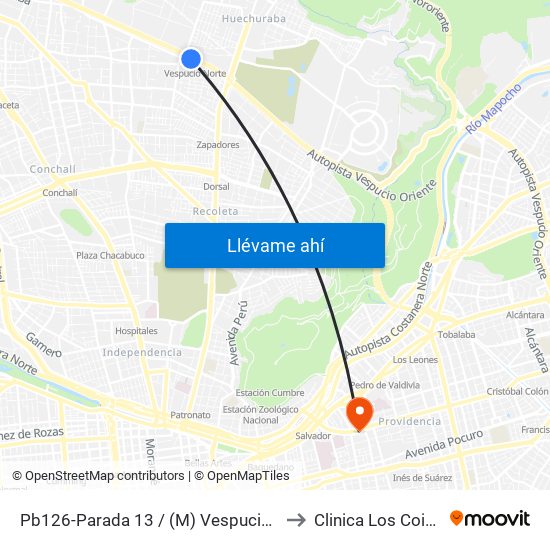 Pb126-Parada 13 / (M) Vespucio Norte to Clinica Los Coihues map