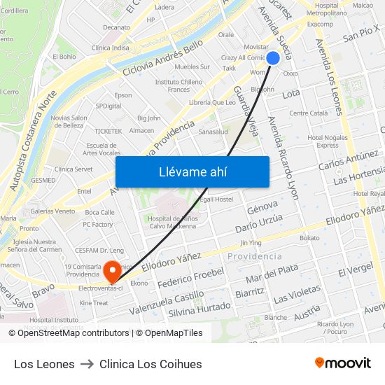 Los Leones to Clinica Los Coihues map