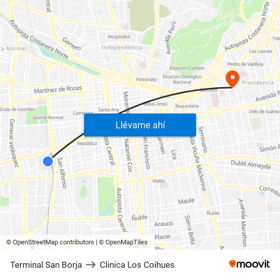 Terminal San Borja to Clinica Los Coihues map
