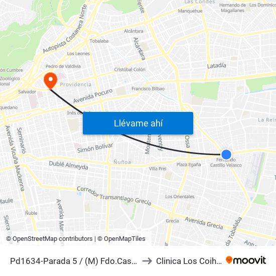 Pd1634-Parada 5 / (M) Fdo.Castillo V. to Clinica Los Coihues map