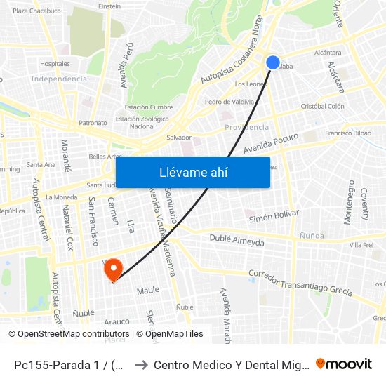 Pc155-Parada 1 / (M) Tobalaba to Centro Medico Y Dental Miguel Leon Prado map