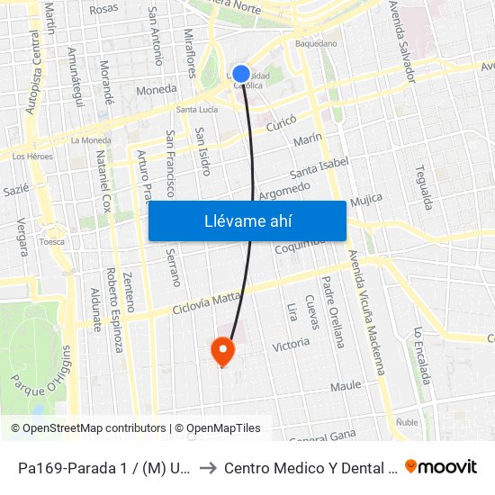 Pa169-Parada 1 / (M) Universidad Católica to Centro Medico Y Dental Miguel Leon Prado map