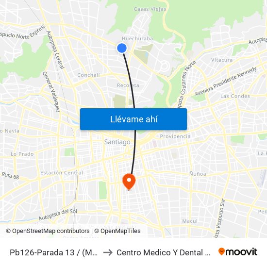 Pb126-Parada 13 / (M) Vespucio Norte to Centro Medico Y Dental Miguel Leon Prado map