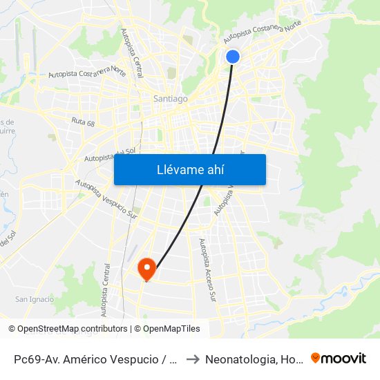 Pc69-Av. Américo Vespucio / Esq. Avenida Vitacura to Neonatologia, Hospital El Pino. map