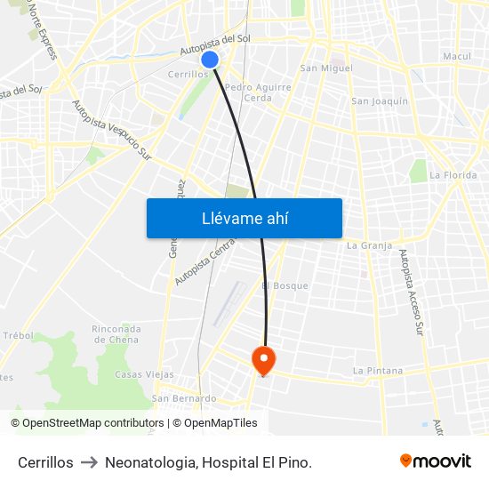 Cerrillos to Neonatologia, Hospital El Pino. map