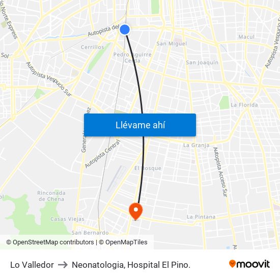 Lo Valledor to Neonatologia, Hospital El Pino. map