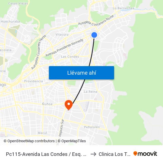 Pc115-Avenida Las Condes / Esq. Psje. Las Condes to Clinica Los Tiempos map