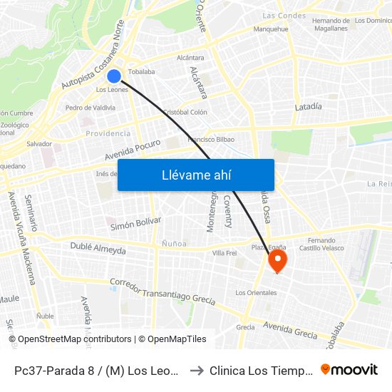 Pc37-Parada 8 / (M) Los Leones to Clinica Los Tiempos map