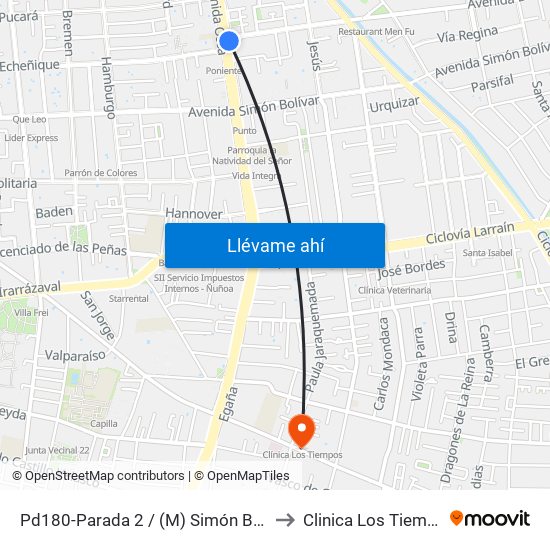 Pd180-Parada 2 / (M) Simón Bolívar to Clinica Los Tiempos map