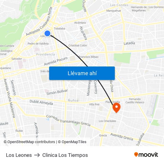 Los Leones to Clinica Los Tiempos map