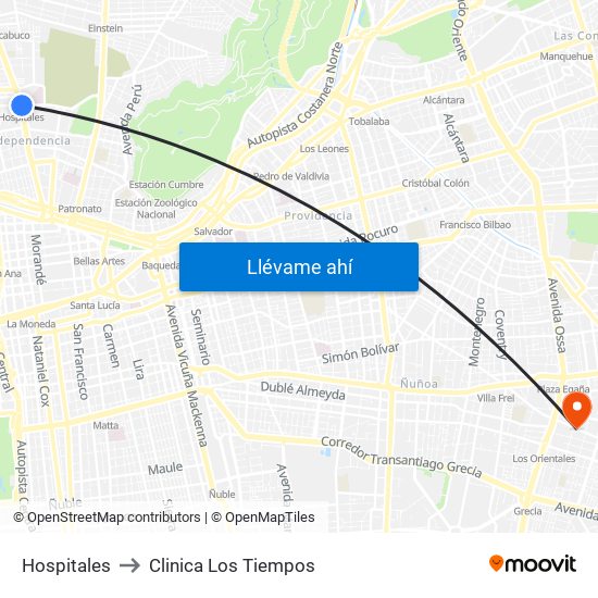 Hospitales to Clinica Los Tiempos map