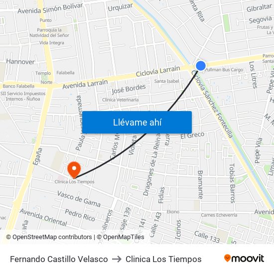 Fernando Castillo Velasco to Clinica Los Tiempos map