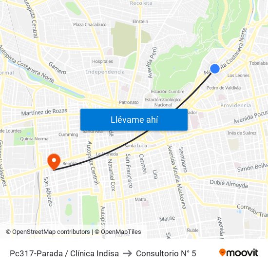 Pc317-Parada / Clínica Indisa to Consultorio N° 5 map