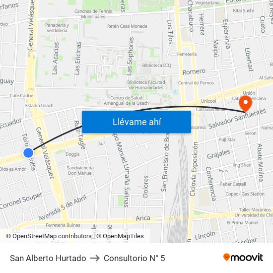 San Alberto Hurtado to Consultorio N° 5 map