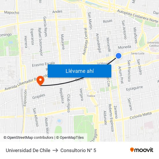 Universidad De Chile to Consultorio N° 5 map