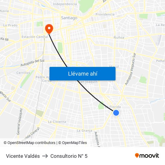 Vicente Valdés to Consultorio N° 5 map