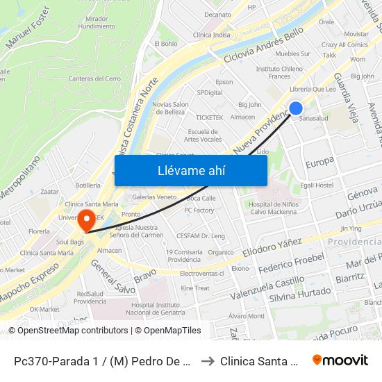 Pc370-Parada 1 / (M) Pedro De Valdivia to Clinica Santa María map
