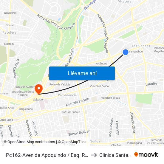 Pc162-Avenida Apoquindo / Esq. Rosa O'Higgins to Clinica Santa María map