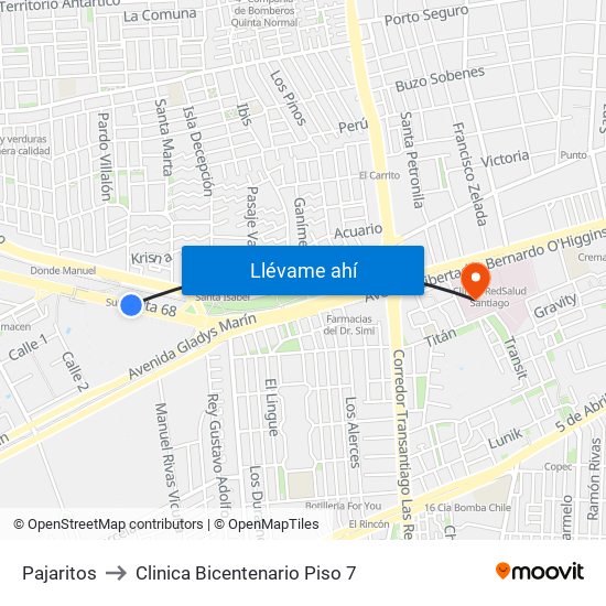 Pajaritos to Clinica Bicentenario Piso 7 map