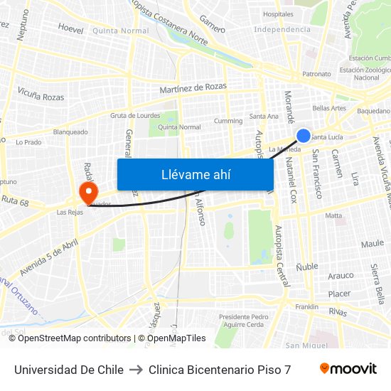 Universidad De Chile to Clinica Bicentenario Piso 7 map