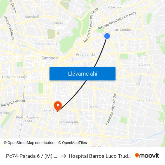 Pc74-Parada 6 / (M) Escuela Militar to Hospital Barros Luco Trudeau - kinesiologia map