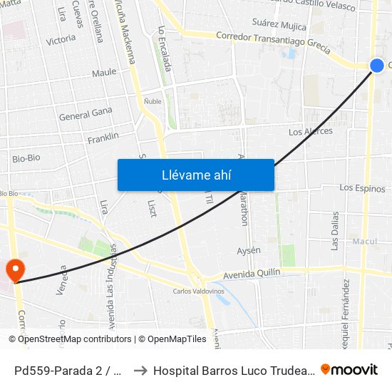 Pd559-Parada 2 / Pedagógico to Hospital Barros Luco Trudeau - kinesiologia map