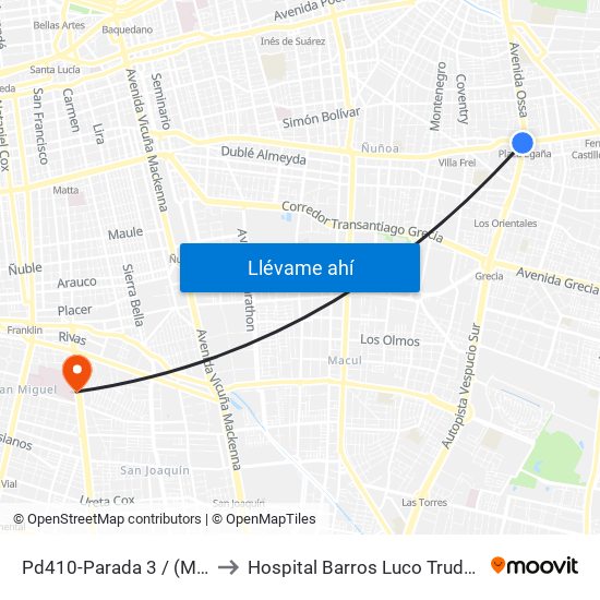 Pd410-Parada 3 / (M) Plaza Egaña to Hospital Barros Luco Trudeau - kinesiologia map