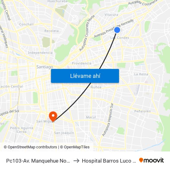 Pc103-Av. Manquehue Norte / Esq. Av. Pdte. Riesco to Hospital Barros Luco Trudeau - kinesiologia map