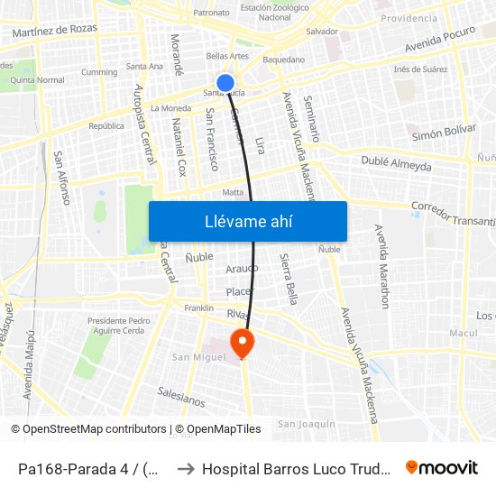 Pa168-Parada 4 / (M) Santa Lucía to Hospital Barros Luco Trudeau - kinesiologia map