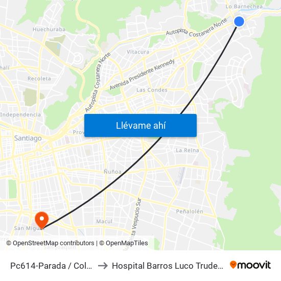 Pc614-Parada / Colegio Hebreo to Hospital Barros Luco Trudeau - kinesiologia map