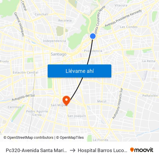 Pc320-Avenida Santa María / Esq. Puente Los Leones to Hospital Barros Luco Trudeau - kinesiologia map