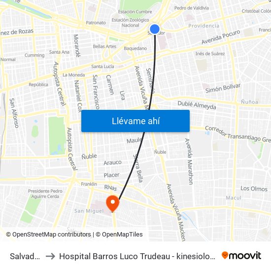 Salvador to Hospital Barros Luco Trudeau - kinesiologia map