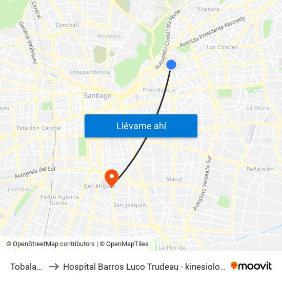 Tobalaba to Hospital Barros Luco Trudeau - kinesiologia map