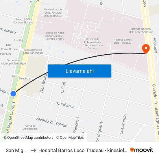 San Miguel to Hospital Barros Luco Trudeau - kinesiologia map