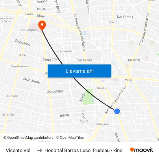 Vicente Valdés to Hospital Barros Luco Trudeau - kinesiologia map
