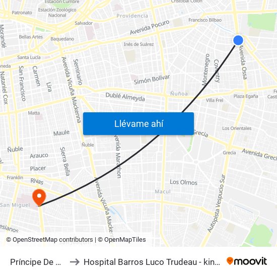 Príncipe De Gales to Hospital Barros Luco Trudeau - kinesiologia map